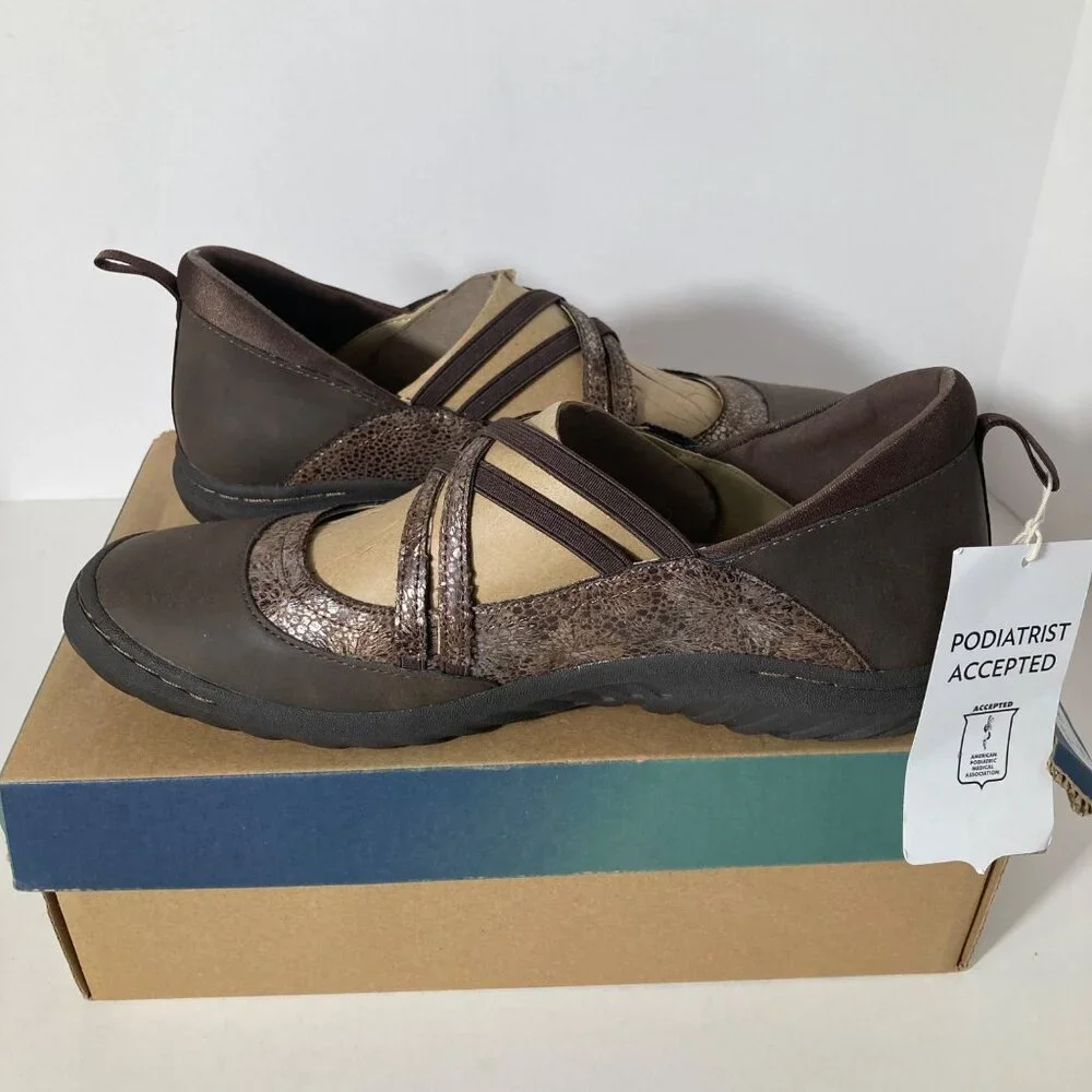 Womens JBU Rome Maryjane Shoe‎ Flats Leather Textile Brown Print 9.5 NIB